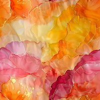 Abstract watercolor background in vibrant orange, yellow and pink tones with fluid ink texture and organic flowing patterns creates seamless repeat pattern.