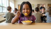 Happy African American girl eating healthy breakfast cereal in school cafeteria with diverse classmates enjoying nutritious meal together.