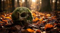 Moss-covered human skull resting among autumn leaves in forest setting with warm sunlight filtering through trees creating atmospheric Halloween scene.