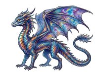 Mythical dragon with iridescent scales and wings spread wide, featuring purple, blue, and gold coloring. Isolated on white background, ready for design projects.