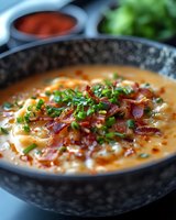 Creamy loaded potato soup garnished with crispy bacon bits, fresh chives, and red pepper flakes served in dark ceramic bowl. Close-up view shows rich texture.