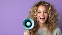 Young blonde woman with curly hair holding turquoise megaphone on purple background, excited expression for marketing and communication campaigns.