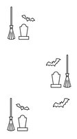 Halloween line art set with witch broom, tombstone and flying bats isolated on white background for spooky seasonal design projects and decorations.
