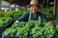 Mature Asian farmer in straw hat and apron tending to fresh microgreens in greenhouse. Sustainable agriculture and organic farming concept shows local food production.