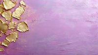 Luxurious gold leaf fragments on purple textured background with brush strokes. Abstract artistic composition with metallic elements and soft gradient lighting.