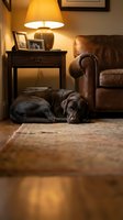 Chocolate Labrador resting on a rug beside a leather armchair in a warm, cozy living room lit by a glowing table lamp.