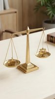 Golden brass balance scales with gears on white desk representing justice, law, business decisions, and work-life balance in modern office setting.