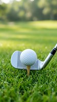 Golf club and white ball on wooden tee positioned on green grass course ready for shot with blurred fairway background for sports marketing materials.
