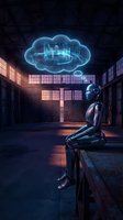 Futuristic robot sitting in industrial warehouse with glowing cloud computing brain hologram above, artificial intelligence and machine learning concept.