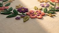 Colorful hand embroidered flowers with green leaves on cream fabric showcasing traditional needlework craftsmanship and textile art techniques.