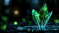 Glowing green crystal leaves emerge from magical sparkles against dark background with bokeh lights, creating mystical fantasy atmosphere.