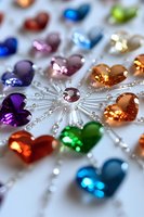 Colorful heart-shaped crystal gems arranged in radial pattern with silver connecting elements. Macro photography shows vibrant purple, blue, green, and amber stones with light reflections.