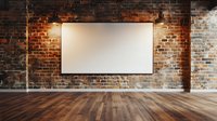 Empty white canvas on rustic brick wall in loft interior with wooden floor and dramatic lighting, modern gallery space for art presentation or mockup.