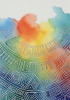 Watercolor ink wash blending into geometric line art patterns, creating vibrant rainbow gradient effect from blue through orange and yellow tones on white background.