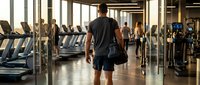 Young athletic Caucasian man with gym bag walking into modern fitness center, treadmills and equipment in background, warm sunlight.