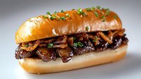 Grilled steak sandwich with caramelized onions and fresh herbs on crusty bread roll, gourmet fast food meal ready to eat on neutral background.