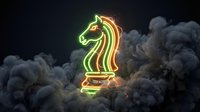 Glowing neon chess knight piece with electric green and orange light effects surrounded by dramatic smoke clouds against dark background.