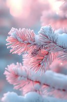 Snowy pine branches with soft pink winter sunrise glow creating magical frost covered needles against blurred bokeh background. For seasonal designs.
