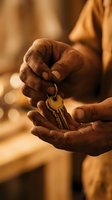 Elderly hands passing house keys to younger person in warm golden light symbolizing home ownership transfer and real estate transaction.