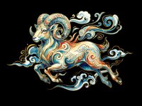 Ornate running ram with swirling clouds in gold, blue, and orange tones, isolated on transparent background. Great for stickers, sublimation, t-shirt design, and print on demand.