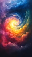 Vibrant spiral nebula with swirling clouds in yellow, red, blue and purple colors creating dramatic cosmic atmosphere. Glowing center radiates light through space.