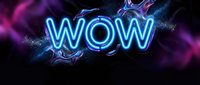 Glowing neon WOW text with electric lightning effects on dark cosmic background. Digital art for gaming, entertainment and promotional designs.