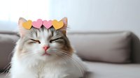 Adorable fluffy cat wearing colorful heart-shaped sunglasses sitting on couch with eyes closed in peaceful expression for Valentine's Day celebration.