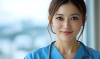 Smiling Asian female medical professional in blue scrubs with stethoscope looking at camera against blurred hospital background, expressing confidence and care.