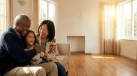 Happy family with senior man, middle-aged woman, and young girl enjoying time together in bright, empty living room with wooden floors and natural sunlight.
