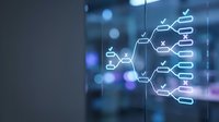 Digital network hexagonal structure with glowing connections and checkmarks representing data flow, blockchain technology, and business process automation.