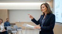 Professional businesswoman presenting financial data at corporate meeting with charts and graphs displayed on screen in modern conference room.