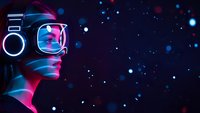 Futuristic astronaut with glowing visor explores cosmic space with colorful nebula lights and stars in digital sci-fi environment for technology concepts.