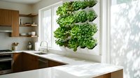 Modern kitchen interior with vertical hydroponic garden growing fresh lettuce herbs on window sill for sustainable home farming and healthy cooking lifestyle.