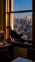 Black and white cat stretching on windowsill overlooking illuminated cityscape at dusk. Urban apartment interior with golden light, modern window frame, skyscraper view.