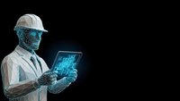 Digital construction engineer with hard hat using futuristic holographic tablet technology on dark background for industrial innovation projects.