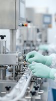 Pharmaceutical technician in green gloves operating automated production line machinery in sterile manufacturing facility for drug quality control.