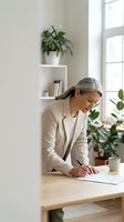 Mature woman with gray hair, wearing beige cardigan over white shirt, writing at wooden desk in bright, plant-filled home office with natural window light and potted greenery.