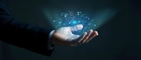Businessman hand holding glowing digital network connections with data points and technological interface elements for modern business concepts.