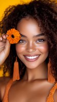 Young African American woman with curly hair holding orange gerbera flower over eye, smiling warmly with tassel earrings against vibrant yellow background.
