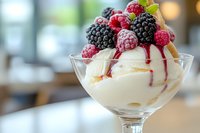 Creamy vanilla ice cream dessert topped with fresh raspberries and blackberries in elegant glass, drizzled with berry sauce, close-up view on blurred background.