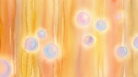 Abstract watercolor background with floating bubbles in warm orange and yellow tones with soft purple accents for creative design projects.