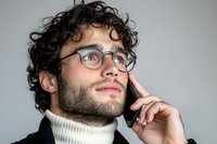 Young Hispanic man with curly hair and glasses wearing turtleneck sweater thinking deeply with finger on temple against gray background. Professional portrait.