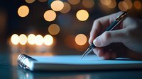 Writing on paper in evening ambiance with blurred golden bokeh lights, hand holding pen over notebook, creating atmospheric workspace mood for creative writing.