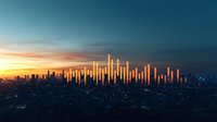 Futuristic city skyline with glowing vertical light bars rising above urban buildings during dramatic sunset, creating an audio equalizer visualization effect.