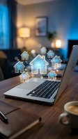 Digital home icons floating above laptop screen in modern office setting for real estate technology and property management applications.