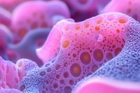 Macro photography of pink and purple organic foam texture with bubbles and circular patterns creating abstract background for creative design projects.