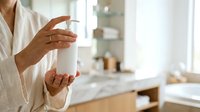 Woman with medium skin tone holding white cylindrical cosmetic jar in bright kitchen environment, suitable for beauty product marketing, skincare advertising, and wellness promotion.