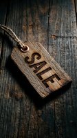 Rustic wooden sale tag with engraved text on a dark wood background, evoking vintage retail charm for promotions and marketing.