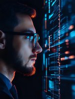 Young Caucasian male programmer in glasses looking at glowing computer code display, dramatic blue lighting creates futuristic atmosphere for technology and cybersecurity concepts.