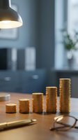 Golden coins stacked in ascending order on wooden desk with pen and glasses in modern office interior for financial growth and investment planning.